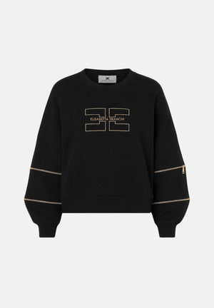 ELISABETTA FRANCHI Felpa girocollo nero da donna con monogramma frontale<BR/> MD05P66E2 110 ELISABETTA FRANCHI 