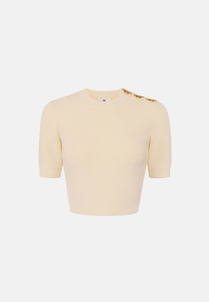 ELISABETTA FRANCHI  Top in maglia burro da donna con applicazioni gioiello sulla spalla. MK02S66E2 193 ELISABETTA FRANCHI 