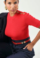 ELISABETTA FRANCHI Top in maglia red passion rosso da donna con applicazioni gioiello sulla spalla. MK02S66E2 CG5 ELISABETTA FRANCHI 