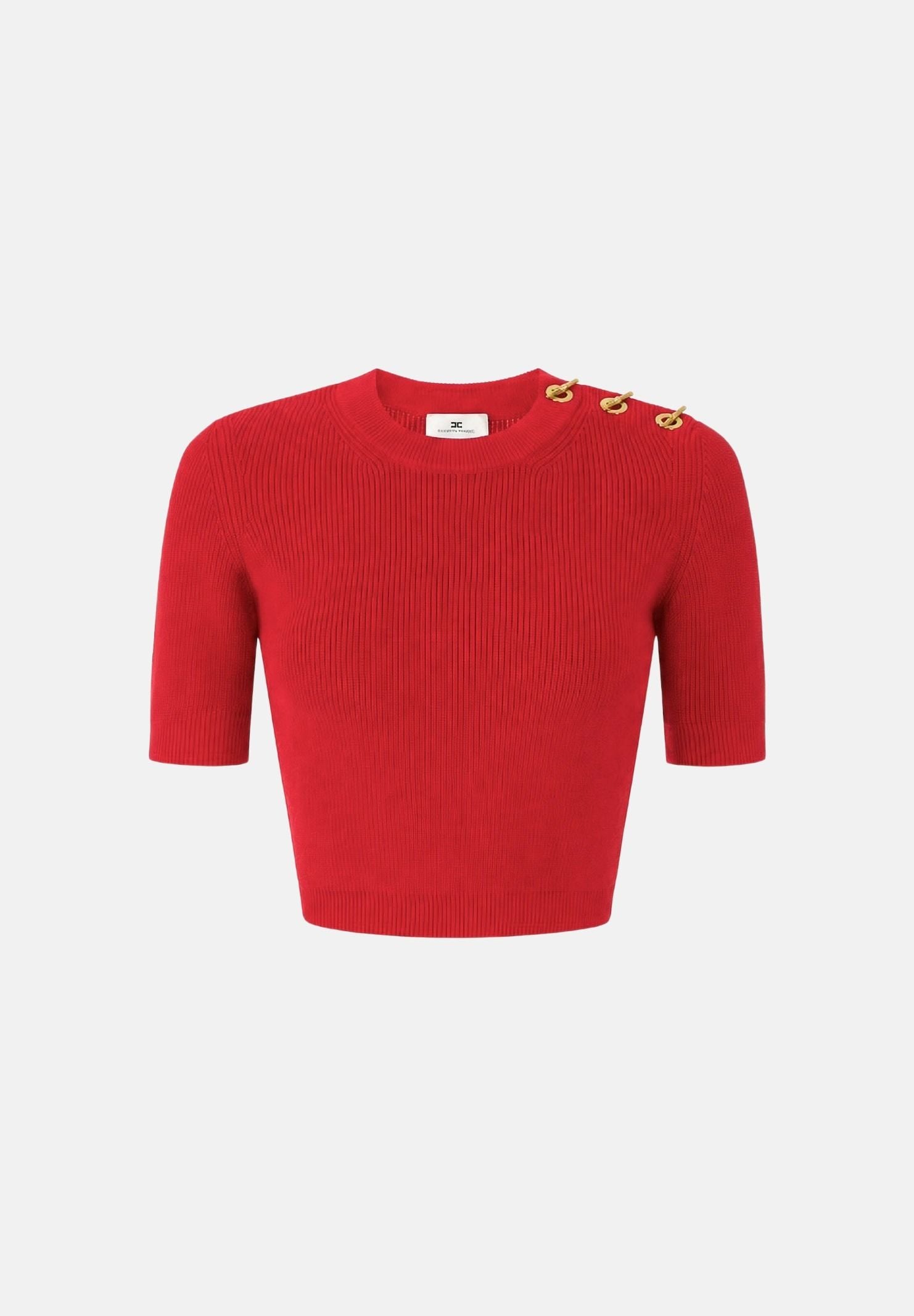ELISABETTA FRANCHI Top in maglia red passion rosso da donna con applicazioni gioiello sulla spalla. MK02S66E2 CG5 ELISABETTA FRANCHI 