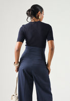 ELISABETTA FRANCHI Top in maglia blu notte da donna  con applicazioni gioiello sulla spalla. MK02S66E2 H88 ELISABETTA FRANCHI 