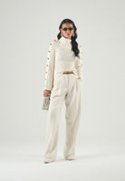 ELISABETTA FRANCHI Maglia con collo asimmetrico, color burro-crema da donna con bottoni gioiello dorati<BR/> MK03S66E2 193 ELISABETTA FRANCHI 