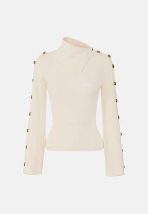 ELISABETTA FRANCHI Maglia con collo asimmetrico, color burro-crema da donna con bottoni gioiello dorati<BR/> MK03S66E2 193 ELISABETTA FRANCHI 