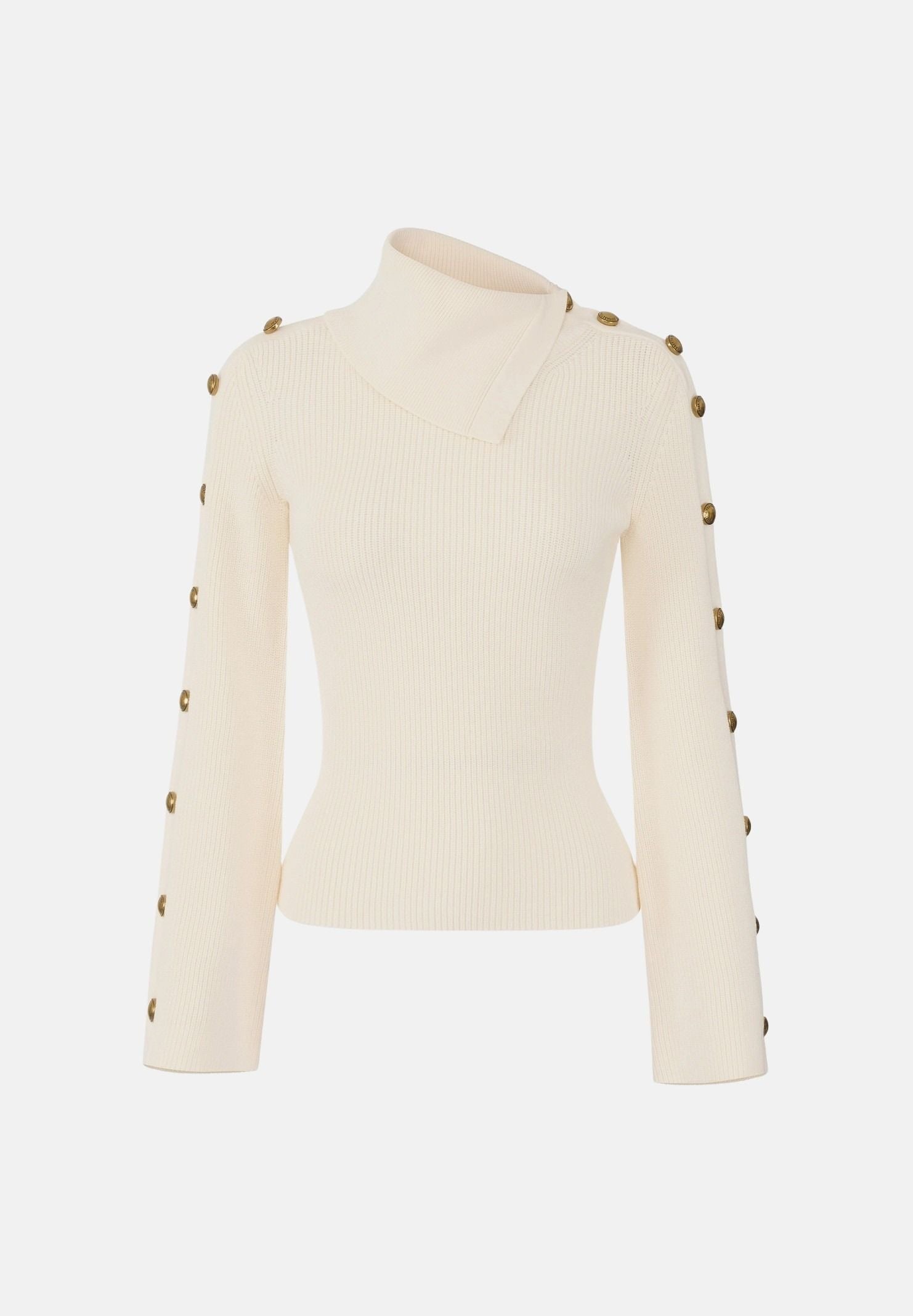 ELISABETTA FRANCHI Maglia con collo asimmetrico, color burro-crema da donna con bottoni gioiello dorati<BR/> MK03S66E2 193 ELISABETTA FRANCHI 