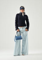 ELISABETTA FRANCHI Maglia con collo asimmetrico blu notte da donna con bottoni gioiello dorati<BR/> MK03S66E2 H88 ELISABETTA FRANCHI 