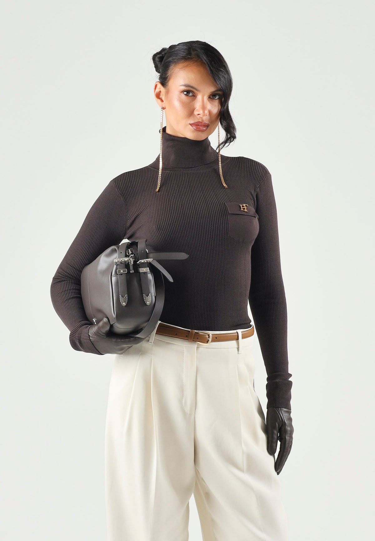 ELISABETTA FRANCHI Dolcevita in maglia dark chocolate marrone CON RICAMI À JOUR<BR/> MK05B66E2 EV9 ELISABETTA FRANCHI 