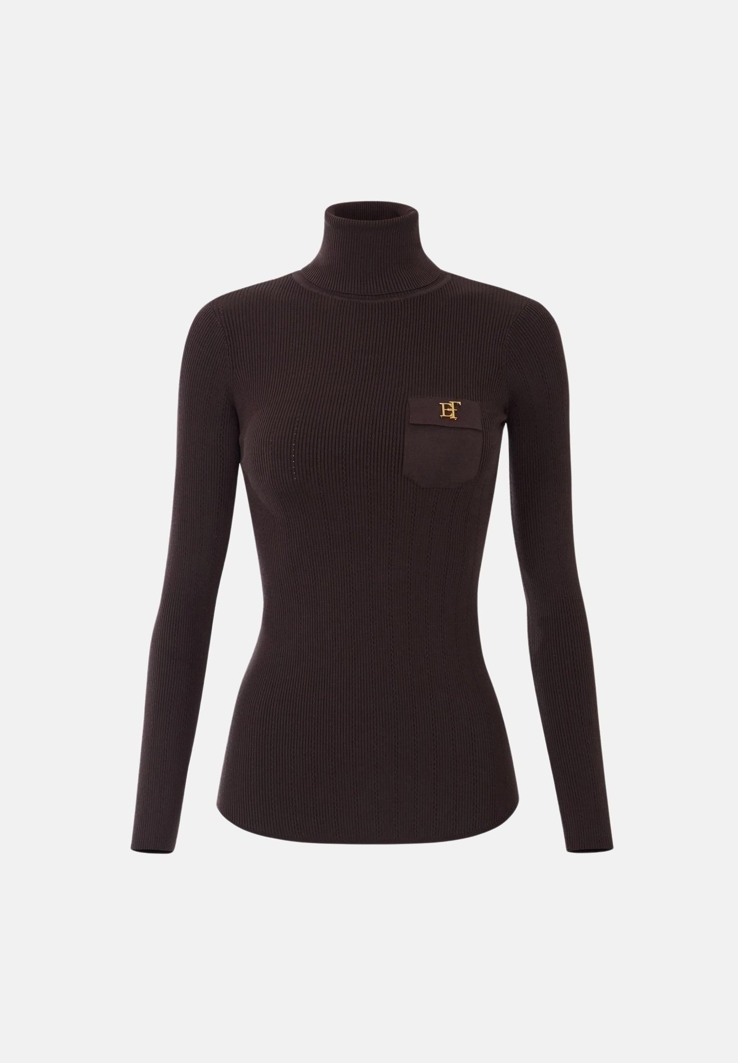 ELISABETTA FRANCHI Dolcevita in maglia dark chocolate marrone CON RICAMI À JOUR<BR/> MK05B66E2 EV9 ELISABETTA FRANCHI 