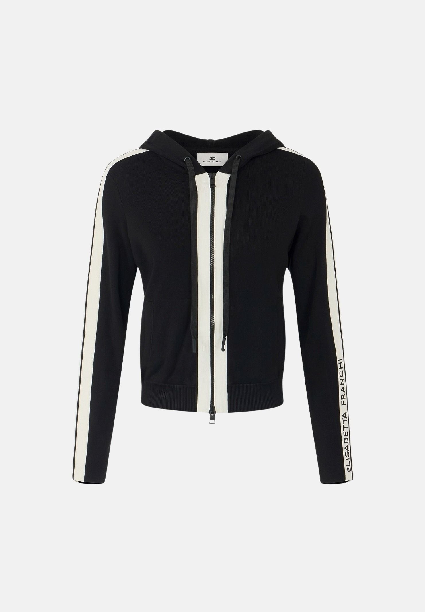 ELISABETTA FRANCHI Felpa in maglia bicolore nero e burro da donna con cappuccio e dettagli a contrasto. MK15S66E2 685 ELISABETTA FRANCHI 