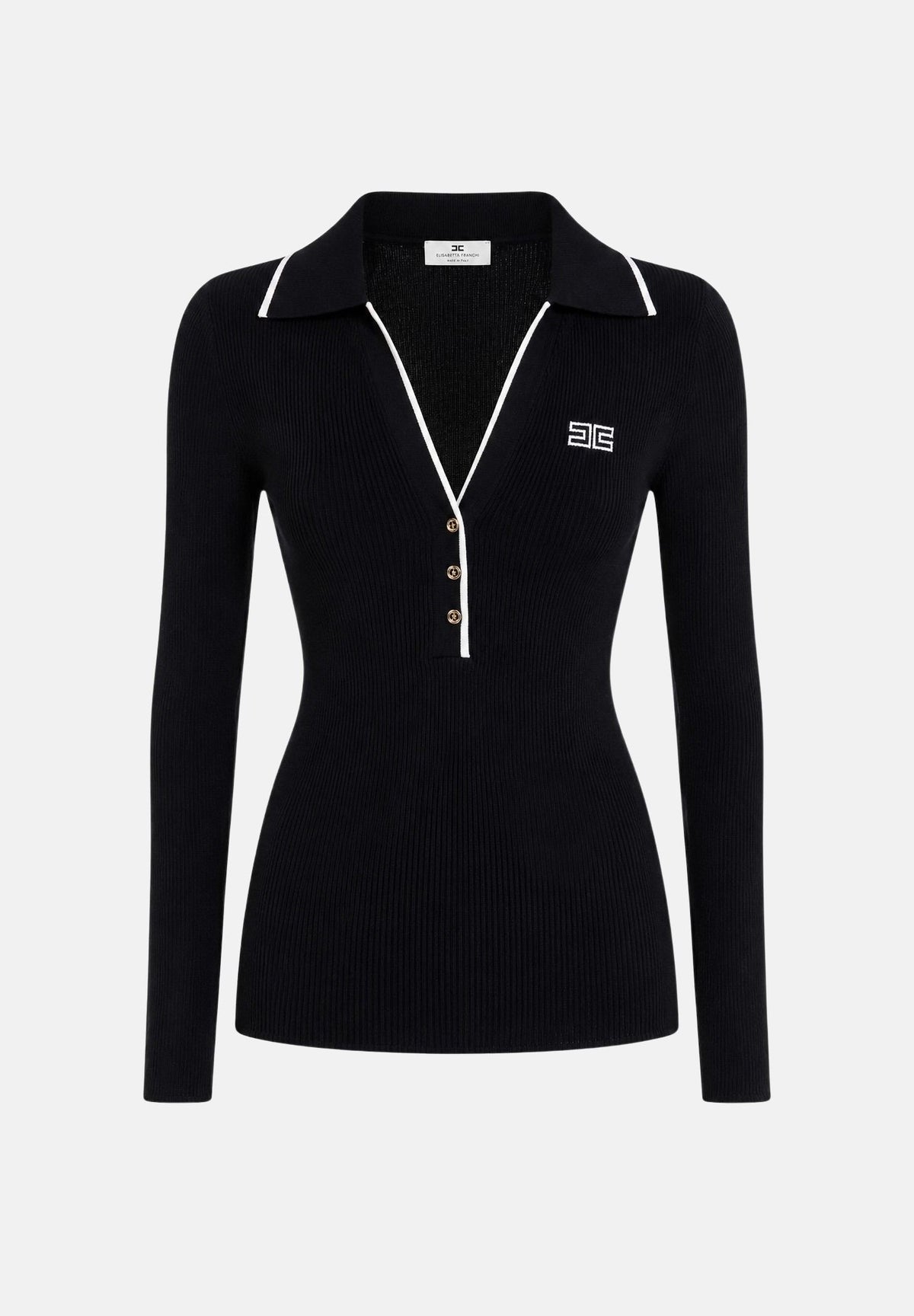 ELISABETTA FRANCHI Polo in lana a costine da donna, colore nero dettagli burro da donna con zip e logo sul petto MK17B66E2 685 ELISABETTA FRANCHI 