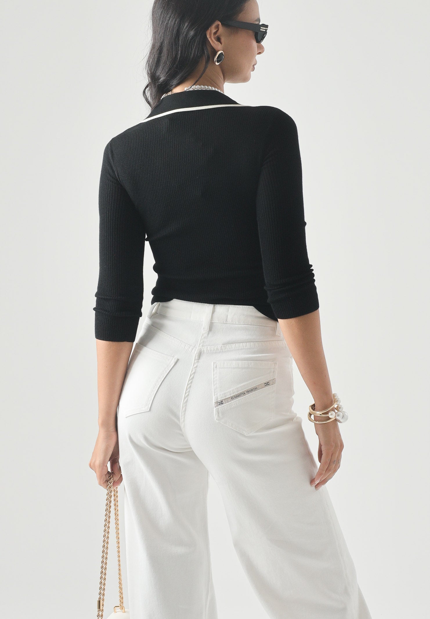 ELISABETTA FRANCHI Polo in lana a costine da donna, colore nero dettagli burro da donna con zip e logo sul petto MK17B66E2 685 ELISABETTA FRANCHI 