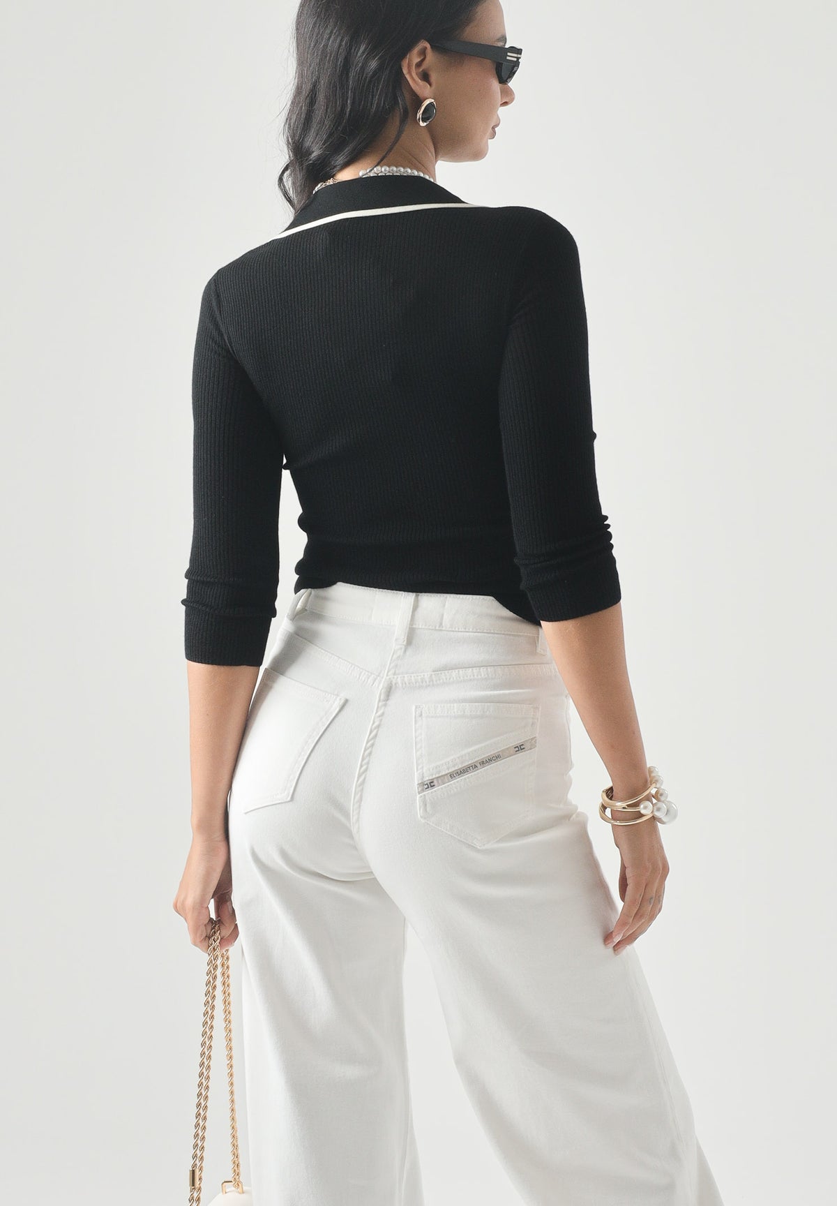 ELISABETTA FRANCHI Polo in lana a costine da donna, colore nero dettagli burro da donna con zip e logo sul petto MK17B66E2 685 ELISABETTA FRANCHI 