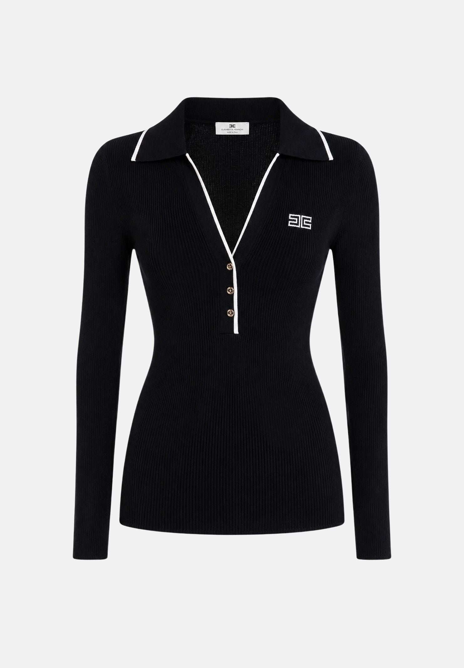 ELISABETTA FRANCHI Polo in lana a costine da donna, colore nero dettagli burro da donna con zip e logo sul petto MK17B66E2 685 ELISABETTA FRANCHI 