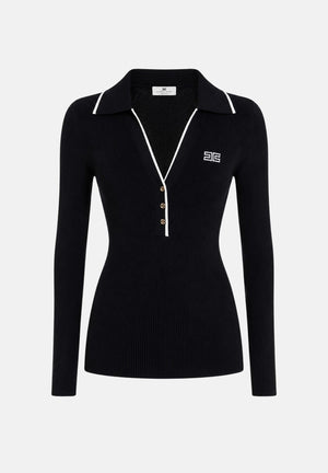ELISABETTA FRANCHI Polo in lana a costine da donna, colore nero dettagli burro da donna con zip e logo sul petto MK17B66E2 685 ELISABETTA FRANCHI 