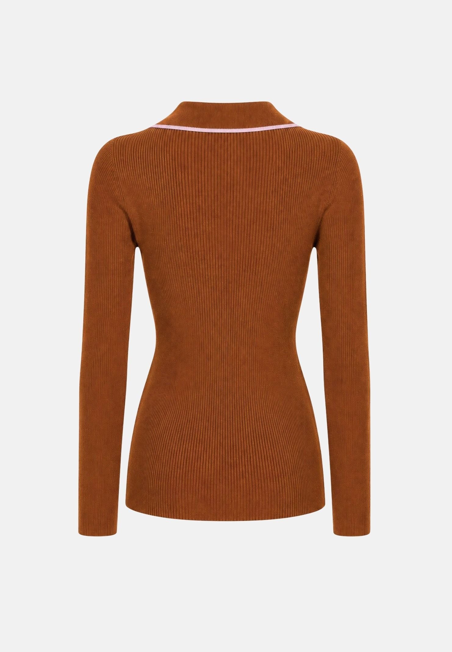 ELISABETTA FRANCHI Polo in lana color tabacco con dettagli rosa nude da donna con logo sul petto MK17B66E2 FQ4 ELISABETTA FRANCHI 