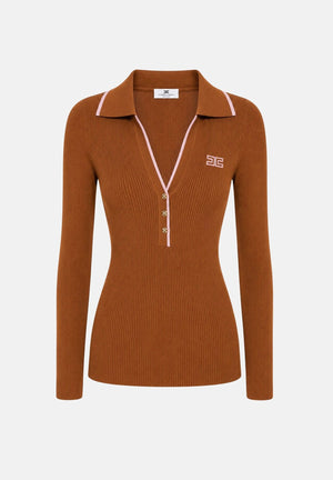 ELISABETTA FRANCHI Polo in lana da donna,color tabacco con dettagli rosa nude. MK17B66E2 FQ4 ELISABETTA FRANCHI 