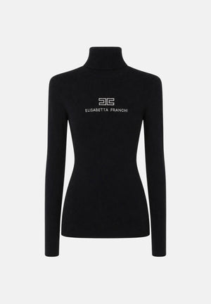 ELISABETTA FRANCHI Dolcevit, nero dettagli burro, da donna <BR/>con logo e lettering a contrasto sul petto. MK18B66E2 685 ELISABETTA FRANCHI 