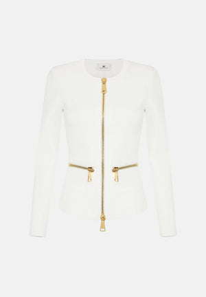 ELISABETTA FRANCHI Cardigan in maglia avorio-burro da donna con dettagli zip in metallo dorato. MK68B66E2 360 ELISABETTA FRANCHI 