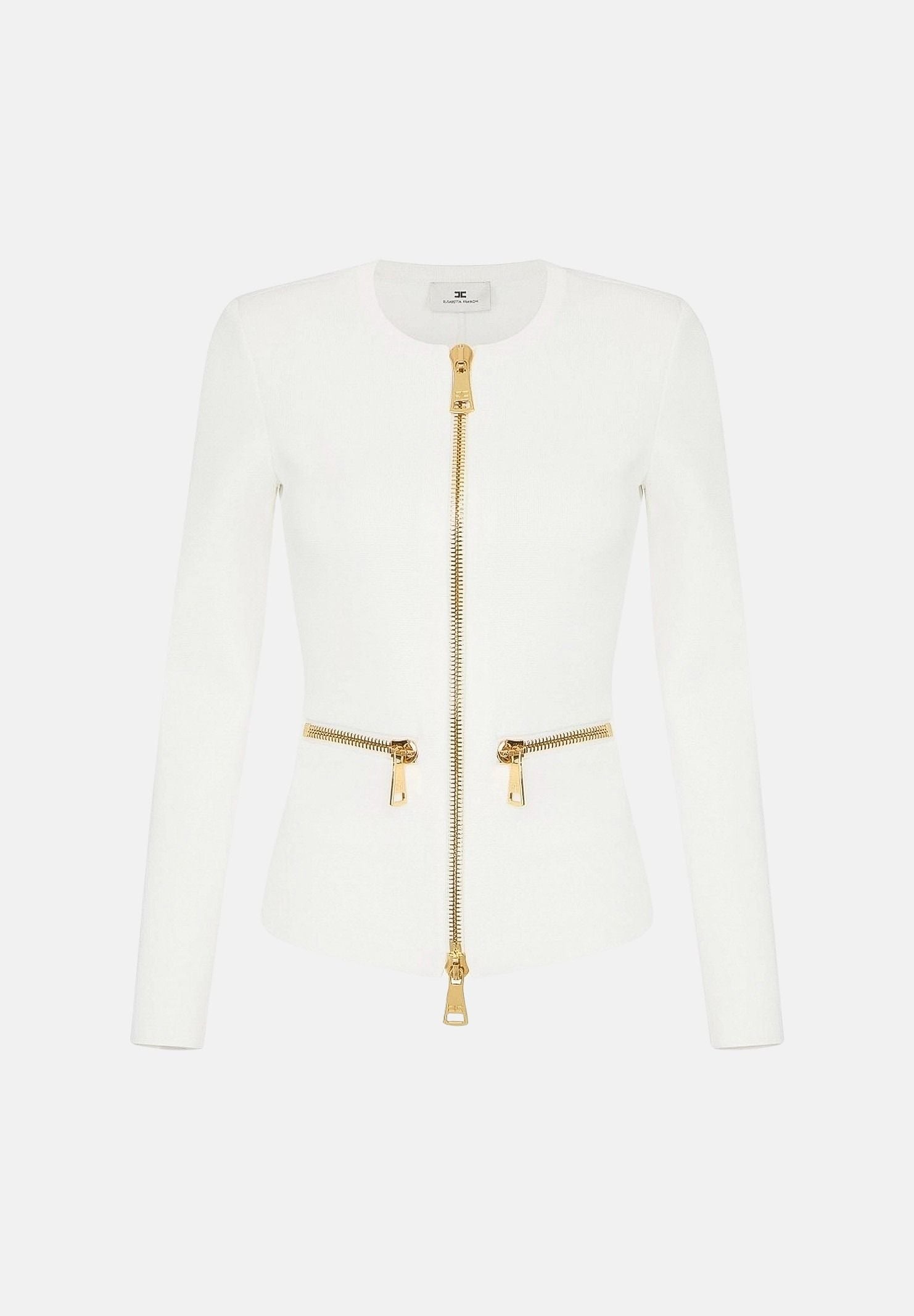 ELISABETTA FRANCHI Cardigan in maglia avorio-burro da donna con dettagli zip in metallo dorato. MK68B66E2 360 ELISABETTA FRANCHI 