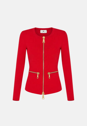 ELISABETTA FRANCHI Cardigan in maglia red-passion rosso da donna con dettagli zip in metallo dorato.<BR/> MK68B66E2 CG5 ELISABETTA FRANCHI 