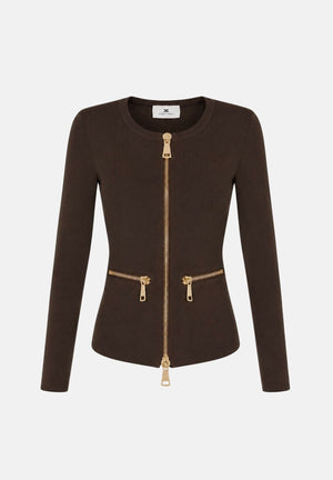 ELISABETTA FRANCHI Cardigan in maglia coffè-marrone da donna con dettagli zip in metallo dorato. MK68B66E2 EV9 ELISABETTA FRANCHI 
