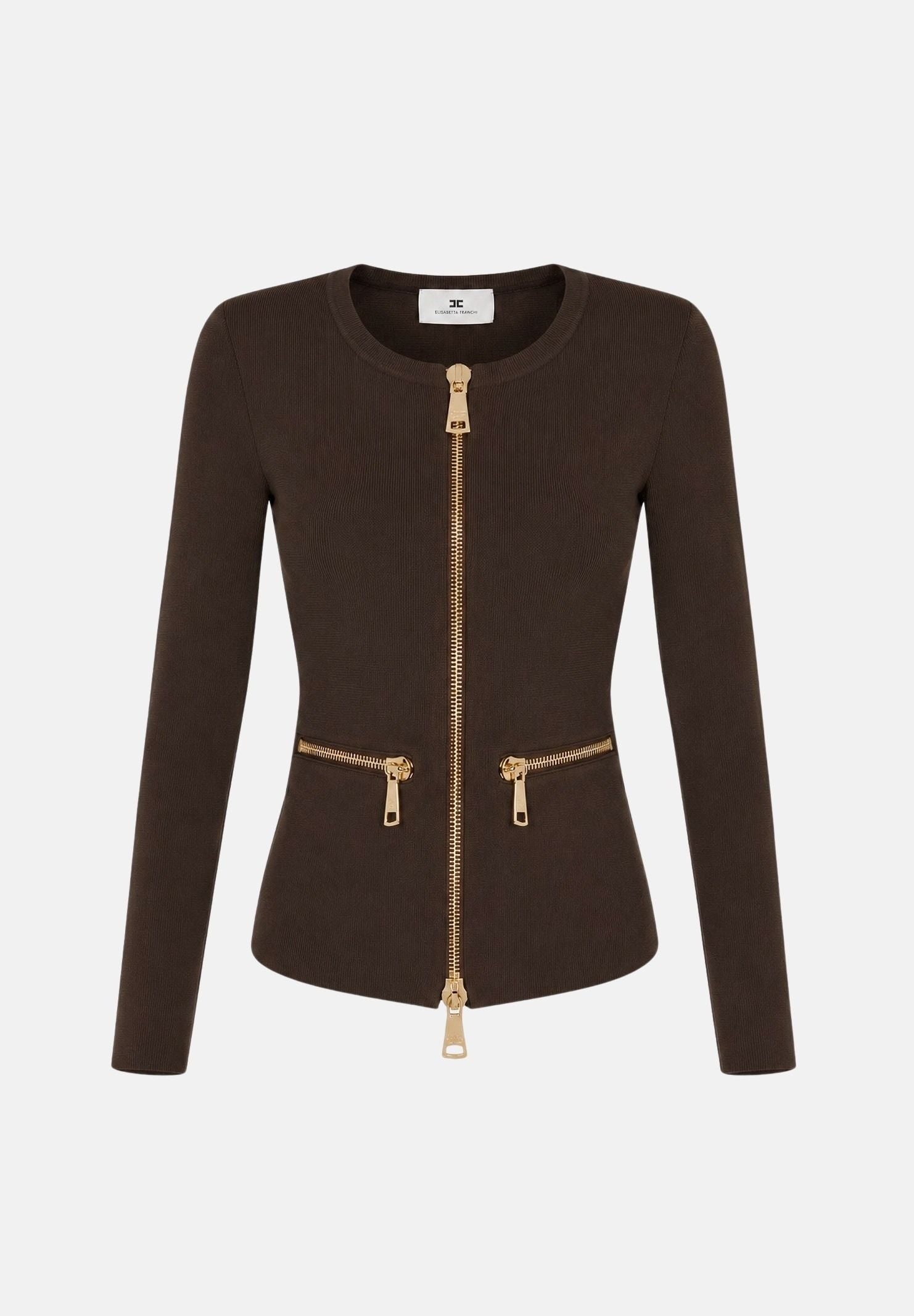 ELISABETTA FRANCHI Cardigan in maglia coffè-marrone da donna con dettagli zip in metallo dorato. MK68B66E2 EV9 ELISABETTA FRANCHI 