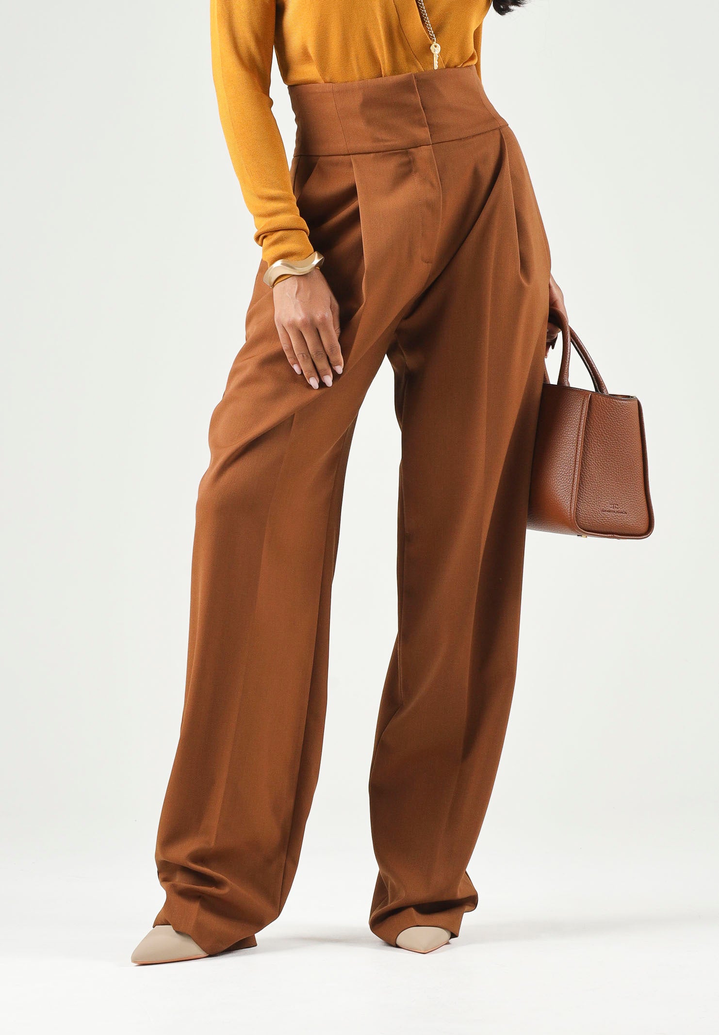ELISABETTA FRANCHI Pantaloni a palazzo in GABARDINA  sigaro marrone da donna  con linea ampia e piega stirata frontale PA17966E2 FK3 ELISABETTA FRANCHI 