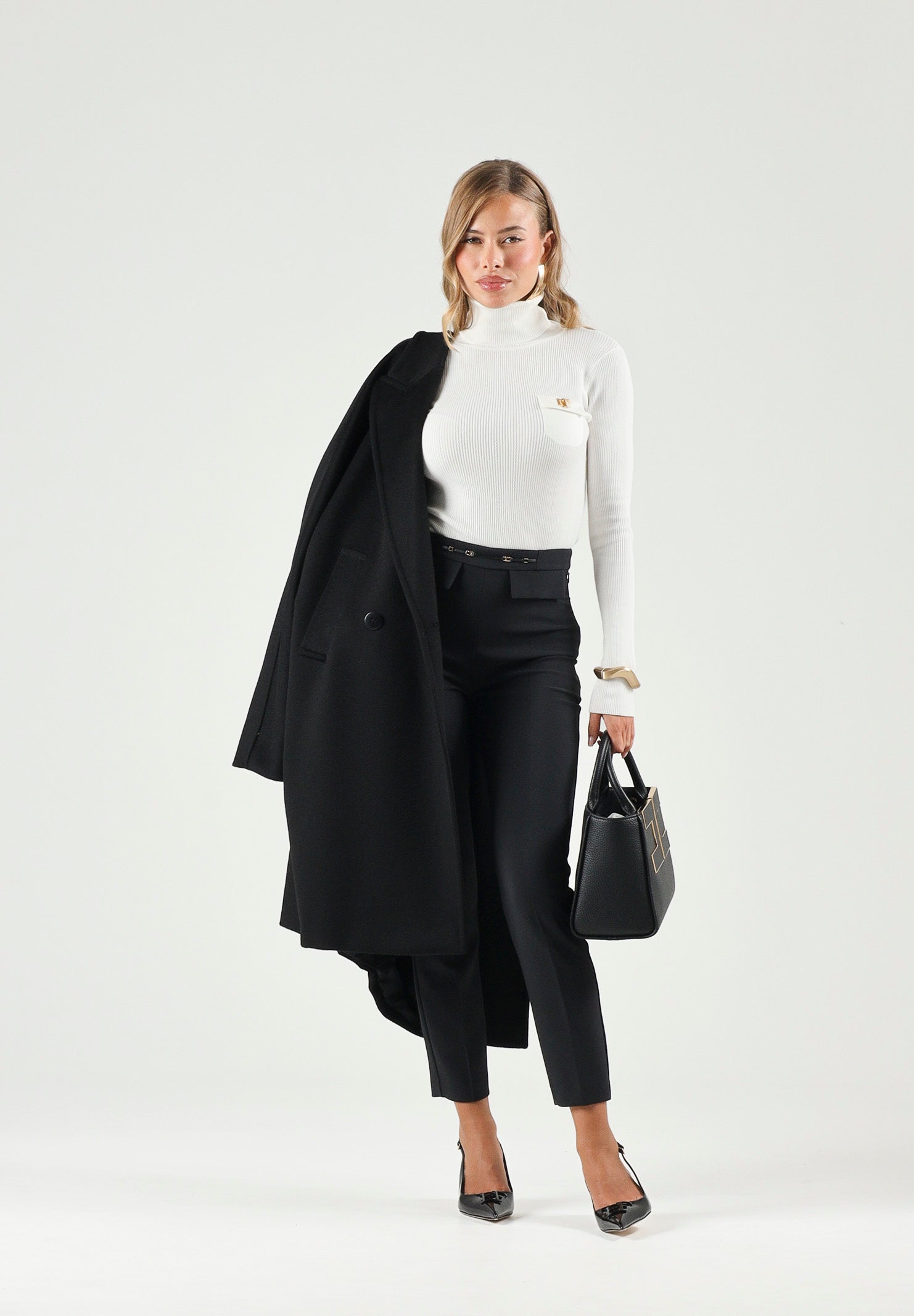ELISABETTA FRANCHI Pantaloni IN DOPPIO CRÊPE STRETCH nero da donna con morsetto logo PA19566E2 110 ELISABETTA FRANCHI 