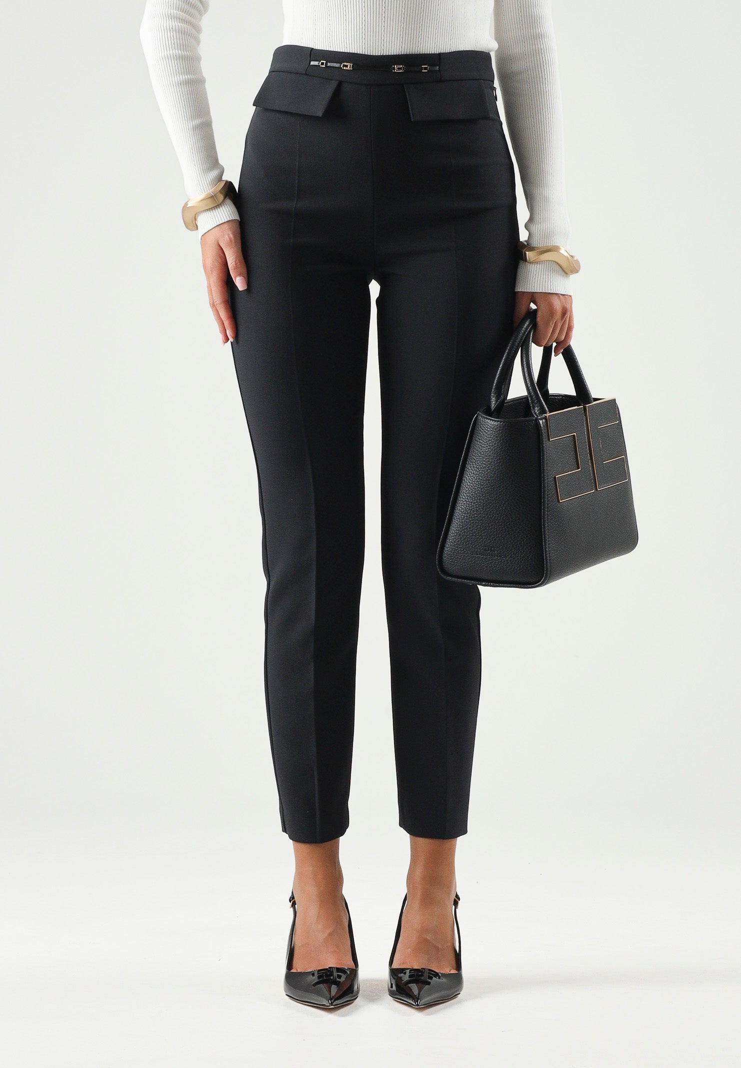 ELISABETTA FRANCHI Pantaloni IN DOPPIO CRÊPE STRETCH nero da donna con morsetto logo PA19566E2 110 ELISABETTA FRANCHI 