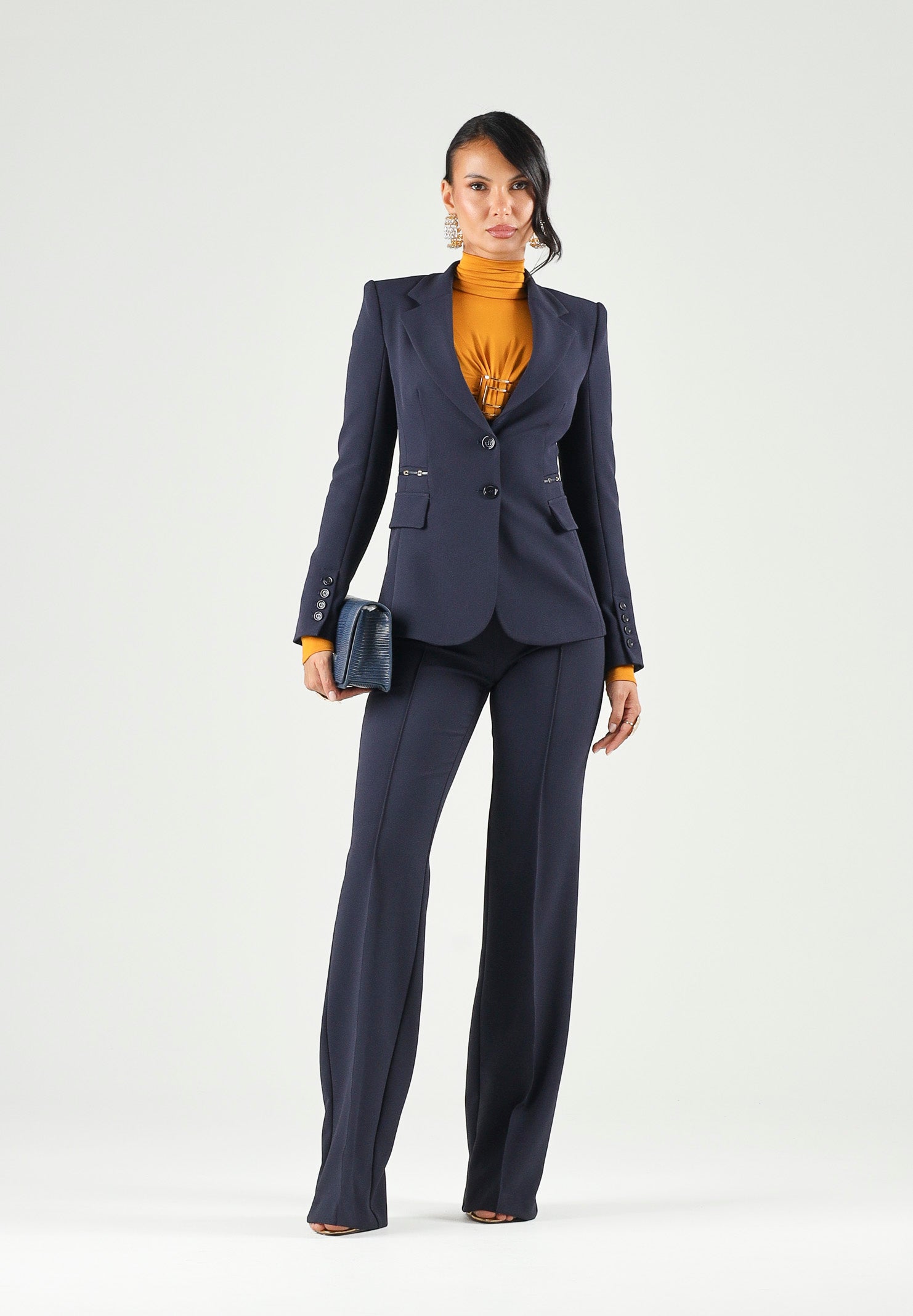 ELISABETTA FRANCHI Pantalone IN DOPPIO CRÊPE STRETCH blu notte da donna con morsetto logo PA19666E2 H88 ELISABETTA FRANCHI 