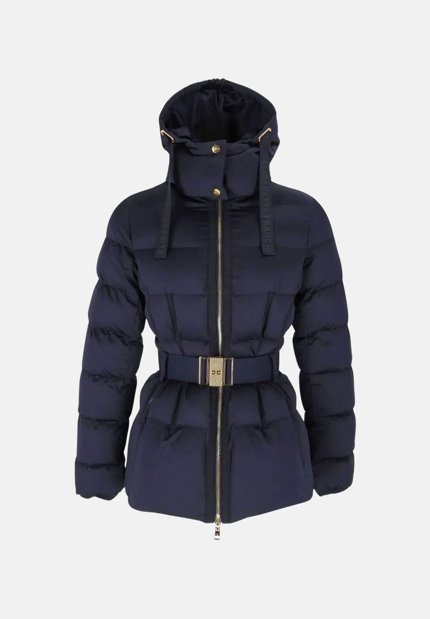 ELISABETTA FRANCHI Piumino blu notte da donna con cappuccio e cintura in vita. PI92D66E2 H88 ELISABETTA FRANCHI 