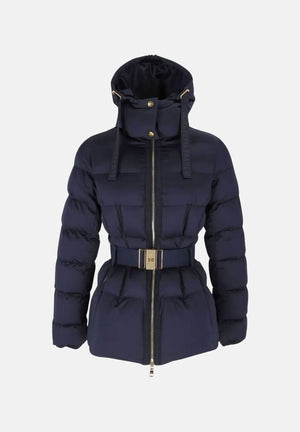 ELISABETTA FRANCHI Piumino blu notte da donna con cappuccio e cintura in vita. PI92D66E2 H88 ELISABETTA FRANCHI 