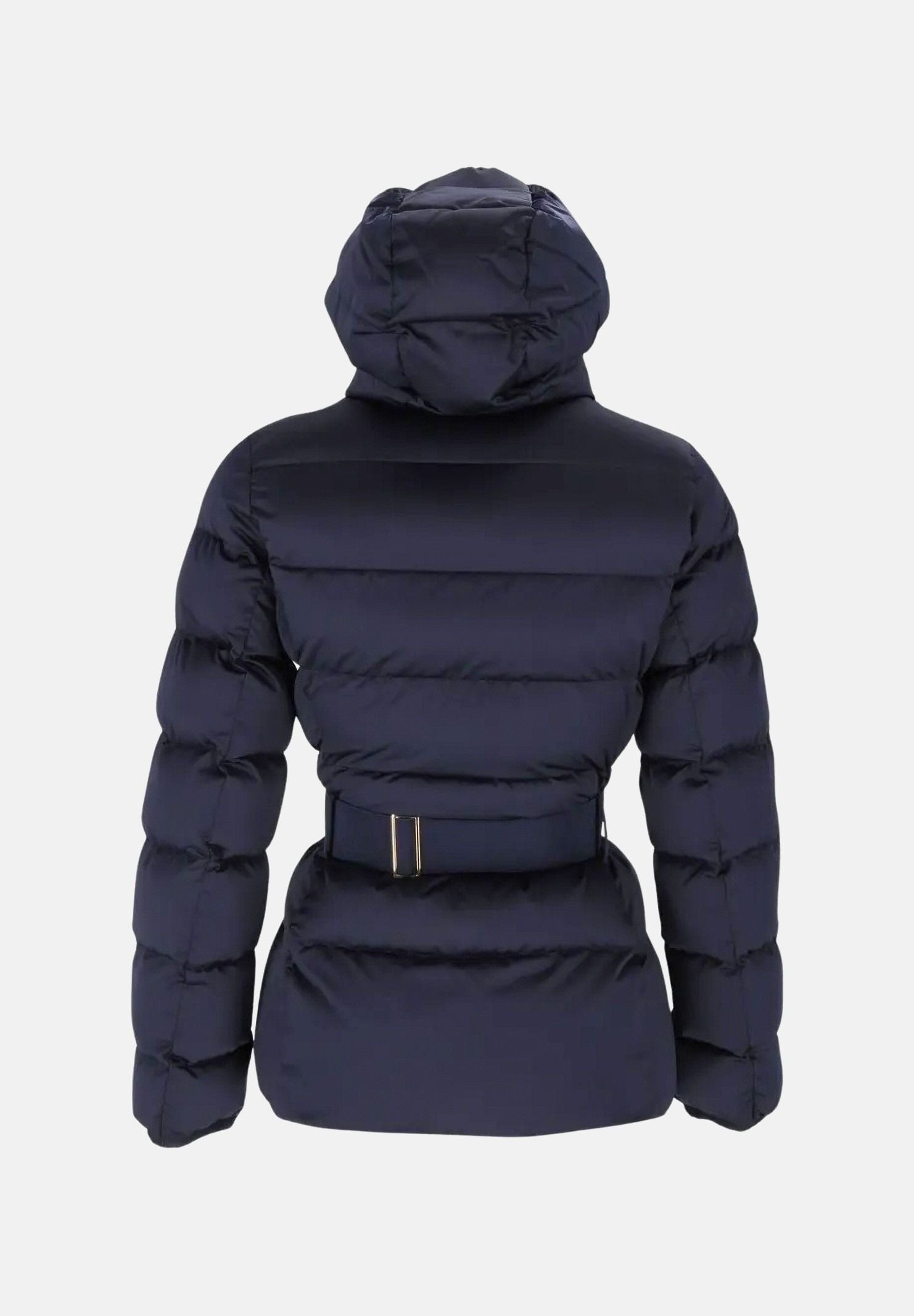 ELISABETTA FRANCHI Piumino blu notte da donna con cappuccio e cintura in vita. PI92D66E2 H88 ELISABETTA FRANCHI 
