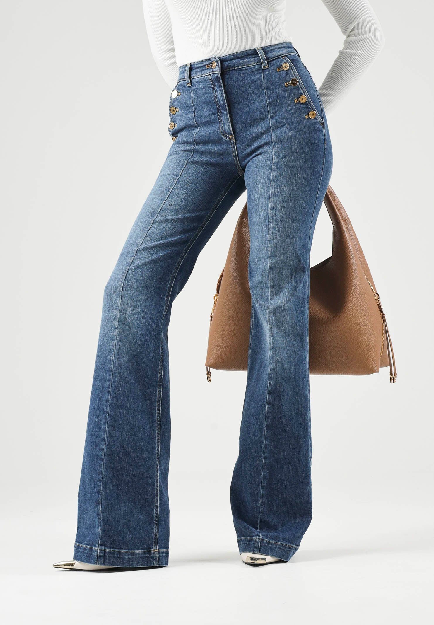 ELISABETTA FRANCHI Jeans a palazzo navy-vintage-blu,  da donna con bottoniera laterale <BR/> PJ12D66E2 139 ELISABETTA FRANCHI 