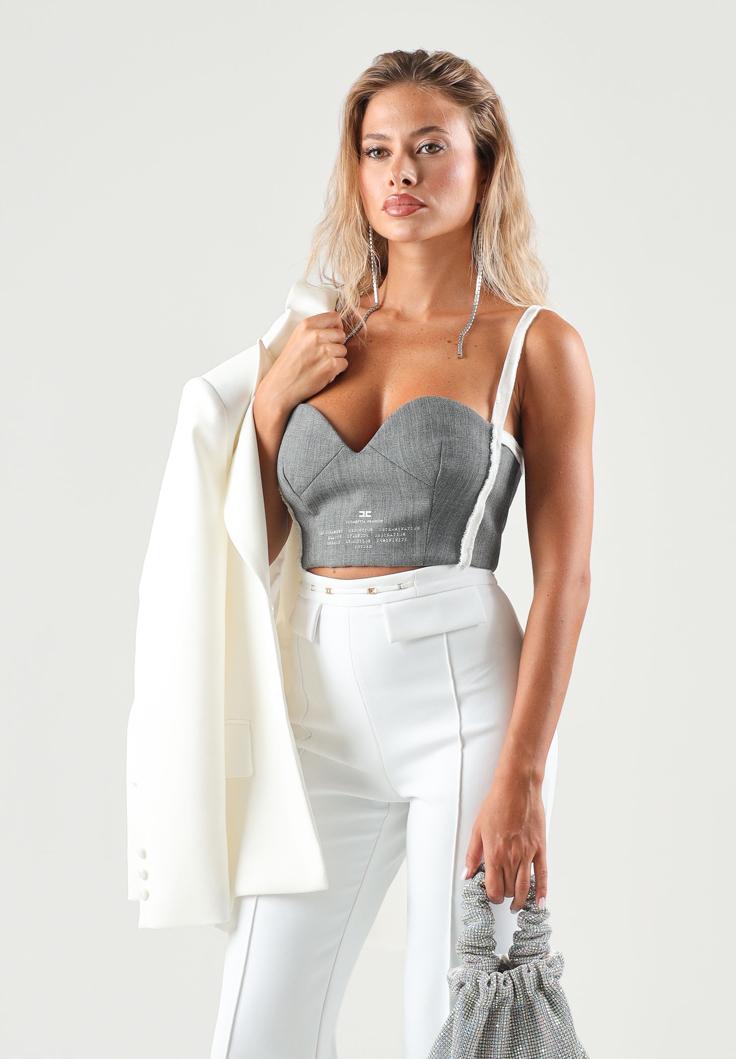 ELISABETTA FRANCHI Corpetto grigio da donna con spalline regolabili e dettagli stampati sul davanti RG00967E2 431 ELISABETTA FRANCHI 
