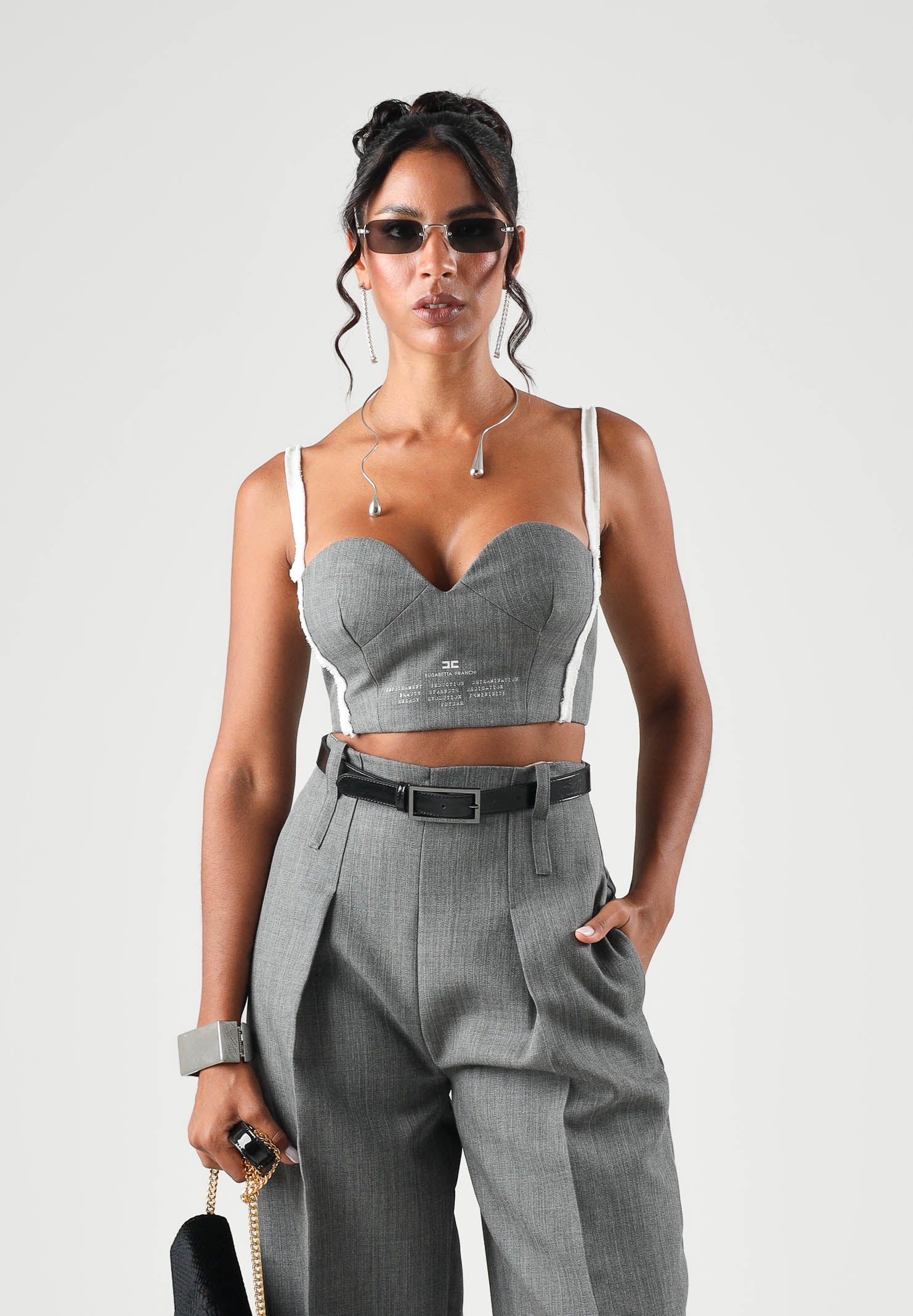 ELISABETTA FRANCHI Corpetto grigio da donna con spalline regolabili e dettagli stampati sul davanti RG00967E2 431 ELISABETTA FRANCHI 