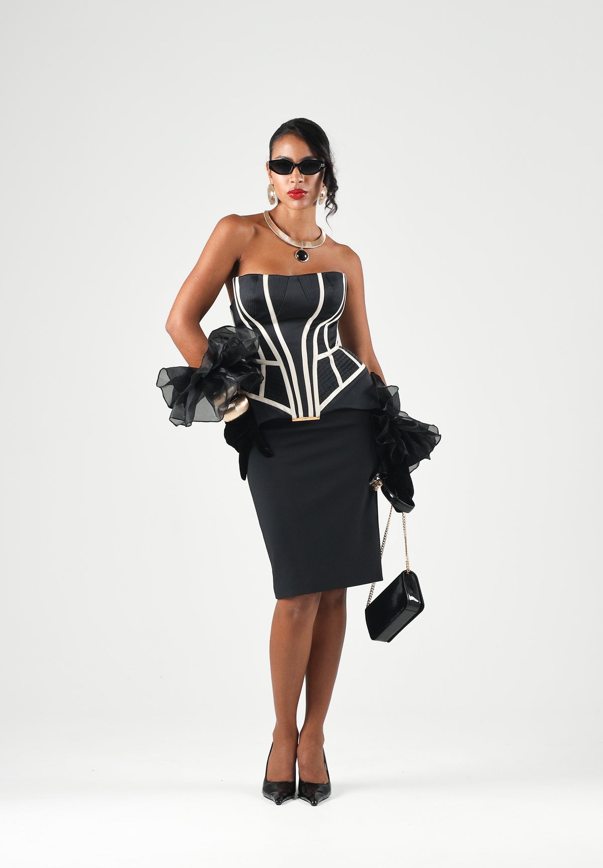 ELISABETTA FRANCHI Top bustier in duchesse nero e burro per donna con tagli geometrici, profili a contrasto TO08367E2 685 ELISABETTA FRANCHI 