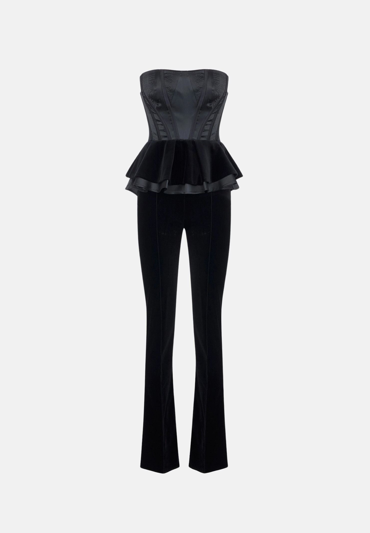 ELISABETTA FRANCHI Tuta nera per donna con elegante corpetto bustier a fascia, dettaglio peplo in vita e pantaloni a zampa. TU06967E2 110 ELISABETTA FRANCHI 