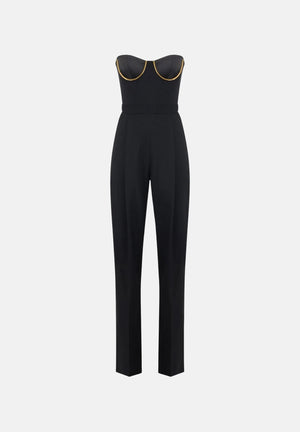 ELISABETTA FRANCHI Tuta in gabardina nera per donna con bustier a spalle scoperte e  coppe gioiello TU07567E2 110 ELISABETTA FRANCHI 