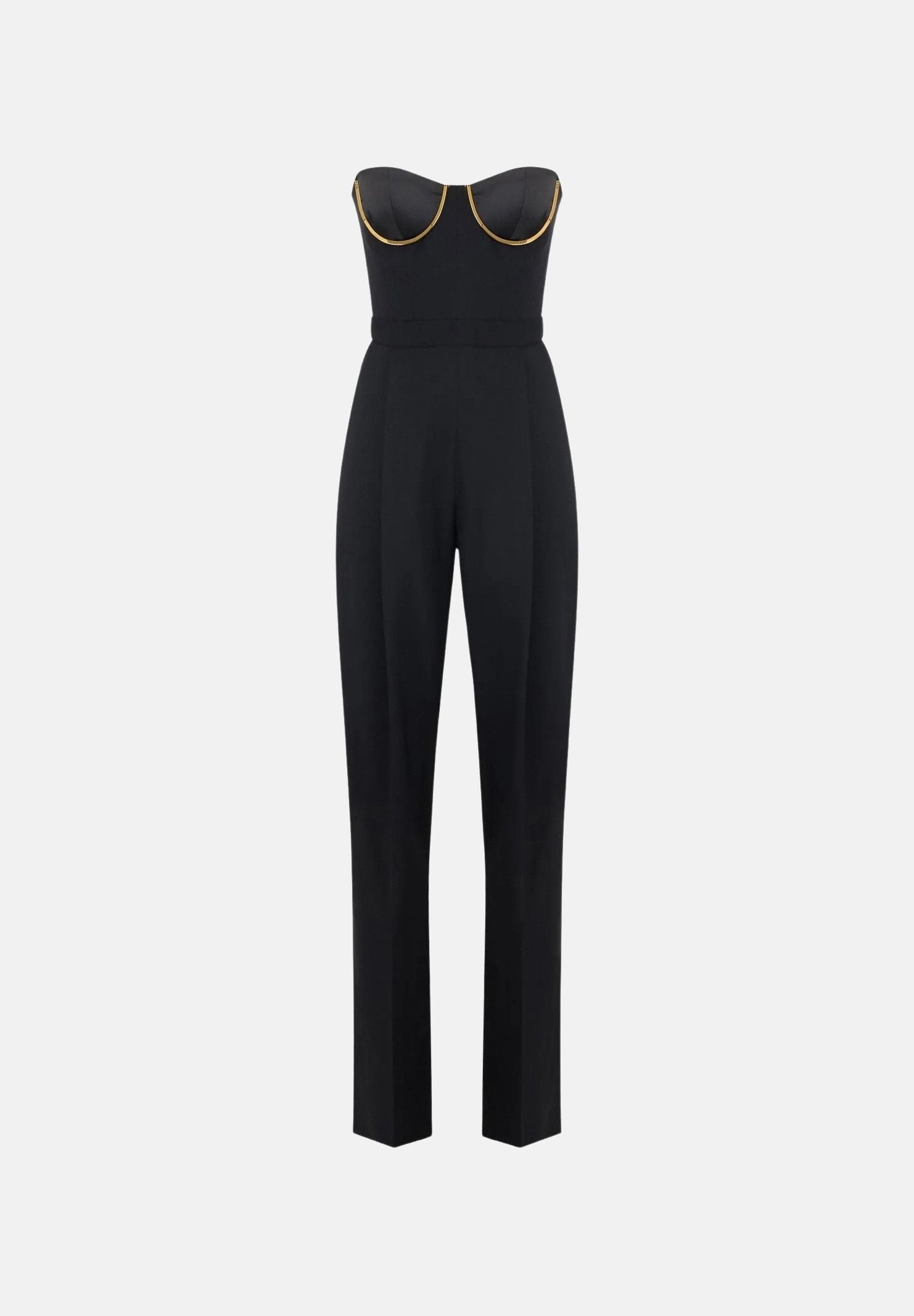 ELISABETTA FRANCHI Tuta in gabardina nera per donna con bustier a spalle scoperte e  coppe gioiello TU07567E2 110 ELISABETTA FRANCHI 