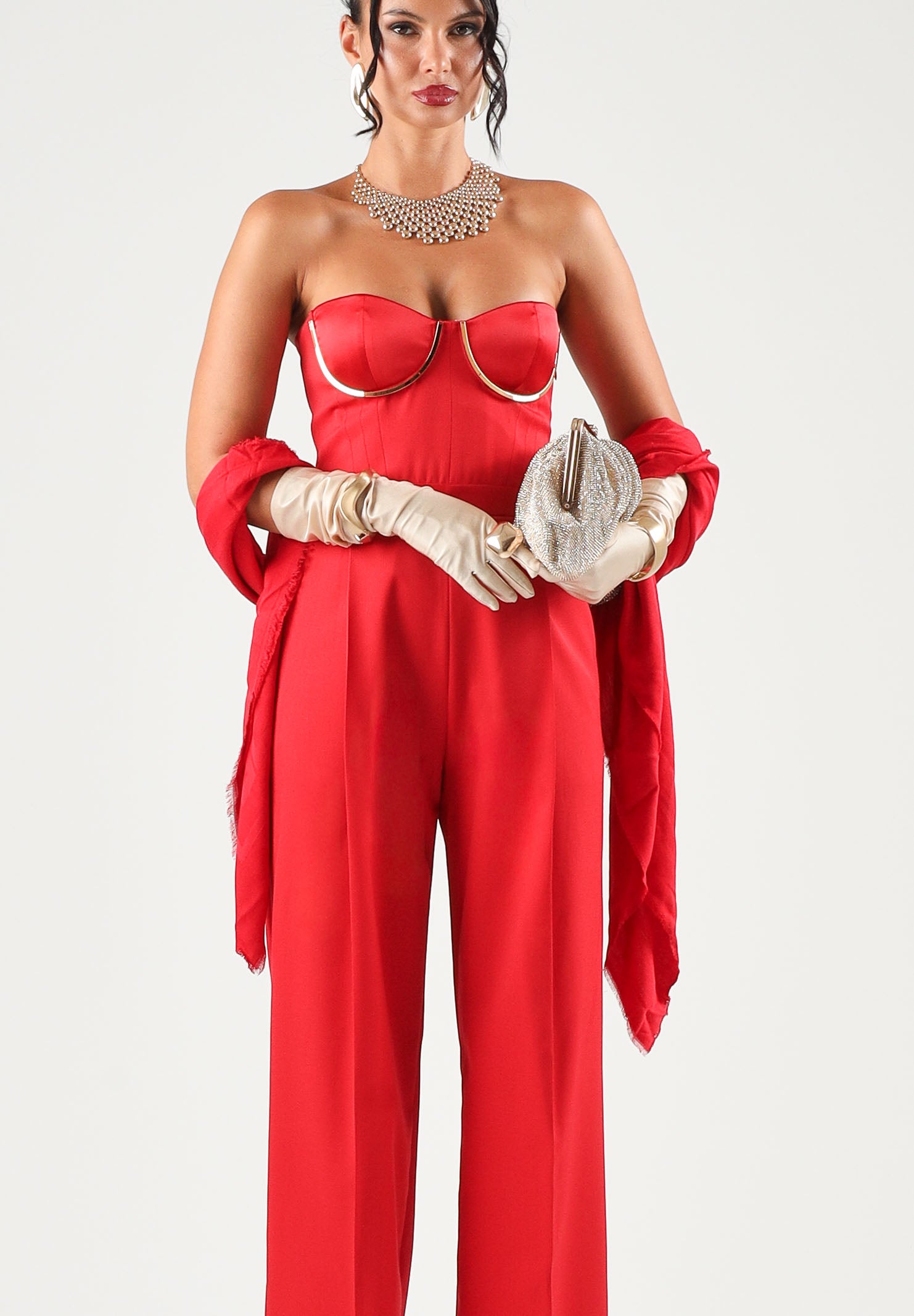 ELISABETTA FRANCHI Tuta in gabardina red passion rossa per donna con bustier a spalle scoperte e  coppe gioiello TU07567E2 CG5 ELISABETTA FRANCHI 