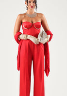 ELISABETTA FRANCHI Tuta in gabardina red passion rossa per donna con bustier a spalle scoperte e  coppe gioiello TU07567E2 CG5 ELISABETTA FRANCHI 