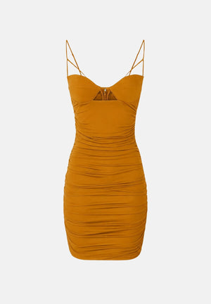 ELISABETTA FRANCHI Abito mini giallo-ocra da donna con inserti trasparenti in tulle e spalline sottili. AB03167E2 940 ELISABETTA FRANCHI 