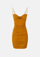 ELISABETTA FRANCHI Abito mini giallo-ocra da donna con inserti trasparenti in tulle e spalline sottili. AB03167E2 940 ELISABETTA FRANCHI 