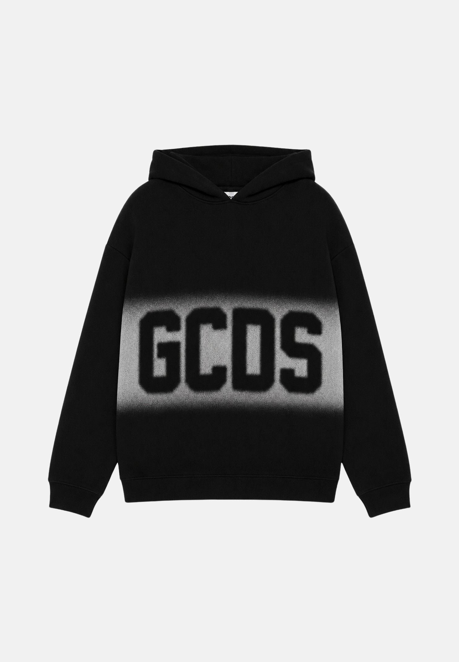 GCDS Felpa con cappuccio nera e bianca per donna, ragazzi e bambini con maxi logo GCDS sfumato a contrasto. C2BJQE528F342 999A GCDS 