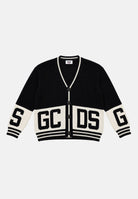 GCDS Cardigan nero per donna, ragazzi e bambini con elegante motivo bicolore a contrasto e maxi logo frontale C2BJQF590K347 999A GCDS 