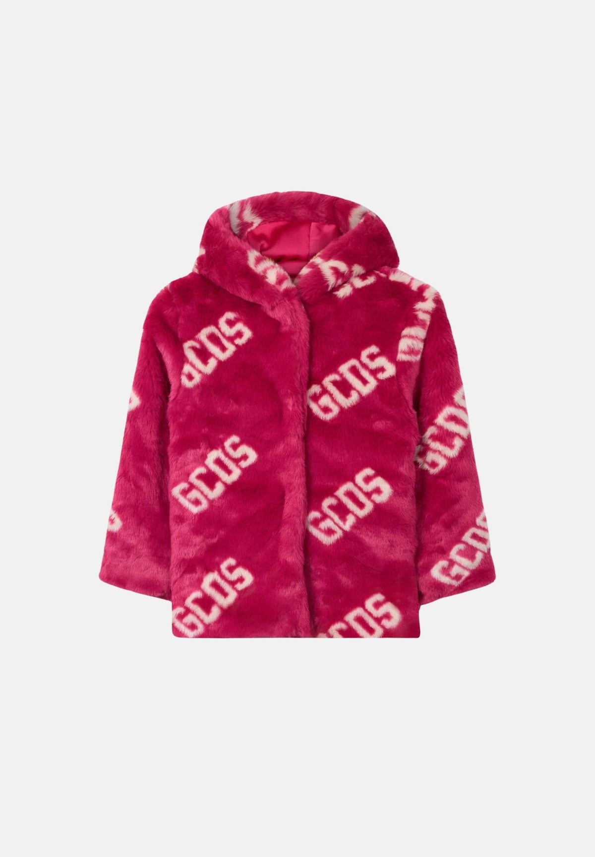 GCDS Pelliccia Fancy  fucsia e bianca da donna e ragazza, con cappuccio e maxi loghi GCDS all-over.<BR/><BR/> C2GJQA613E204 570A GCDS 