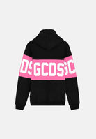 GCDS Felpa con cappuccio nera e rosa da  bambina con logo frontale e maxi grafica Z0GJQE583F004J 999P GCDS 