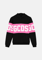 GCDS Felpa con cappuccio nera e rosa da  bambina con logo frontale e maxi grafica Z0GJQE583F004J 999P GCDS 