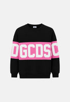 GCDS Felpa girocollo BAND CREWNECK nera e rosa da bambina con fascia logo GCDS a contrasto. Z0GJQE584F004J 999P GCDS 
