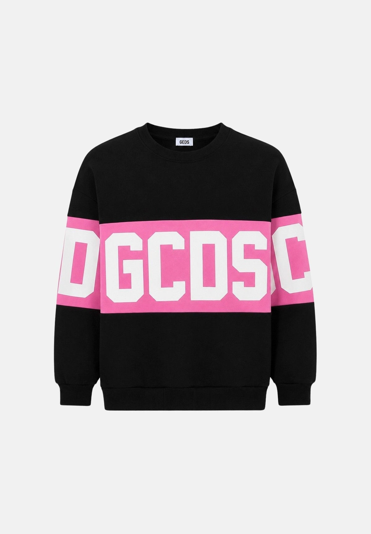 GCDS Felpa girocollo BAND CREWNECK nera e rosa da bambina con fascia logo GCDS a contrasto. Z0GJQE584F004J 999P GCDS 